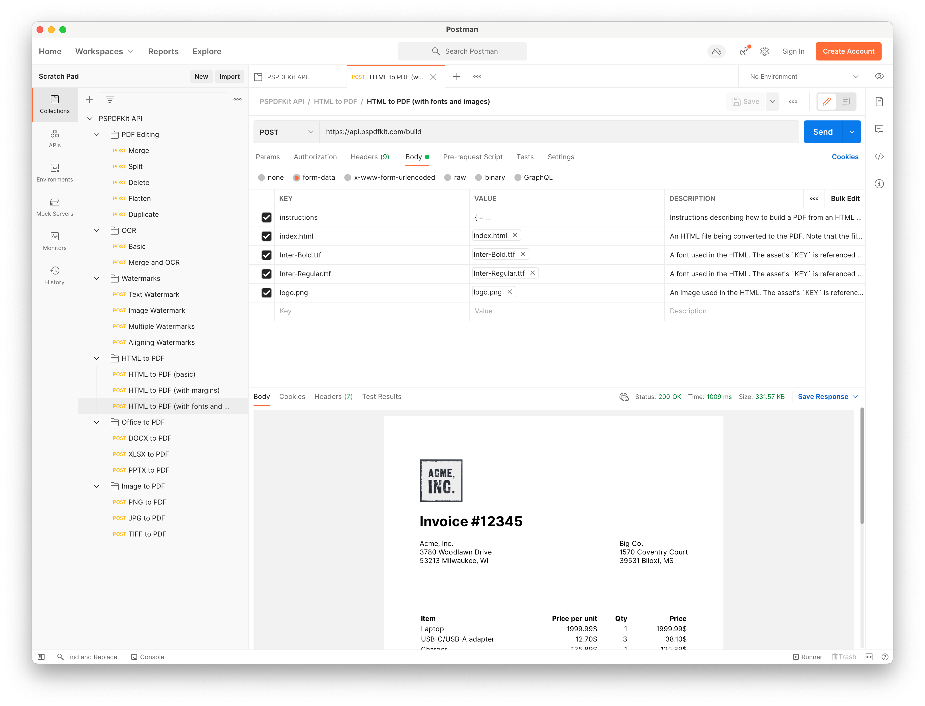 Screen capture of the Postman window with the HTML to PDF example open and a preview of the result at the bottom.