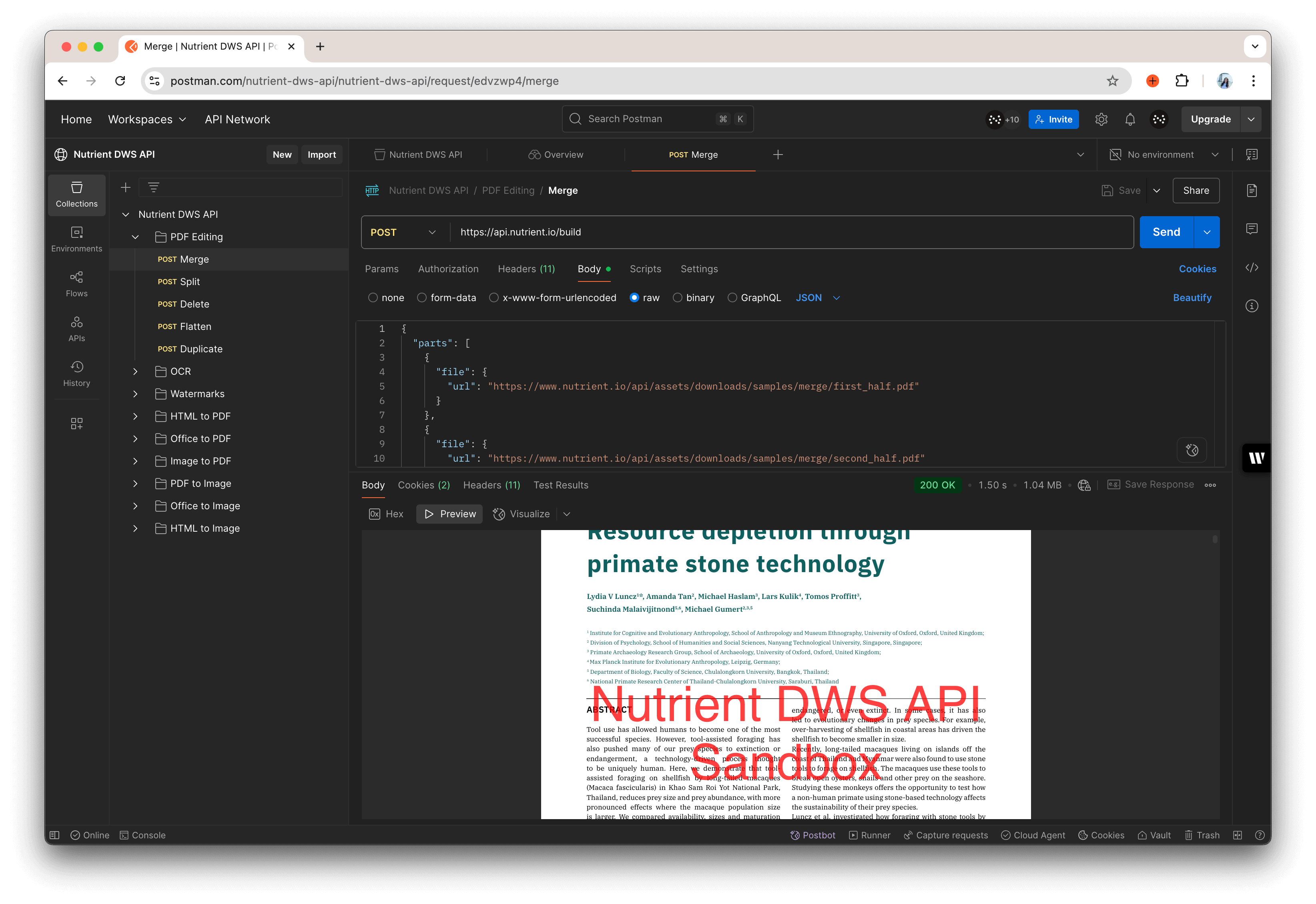 Screenshot of the Postman interface with a merge request example selected and the rendered PDF preview displayed in the response panel.