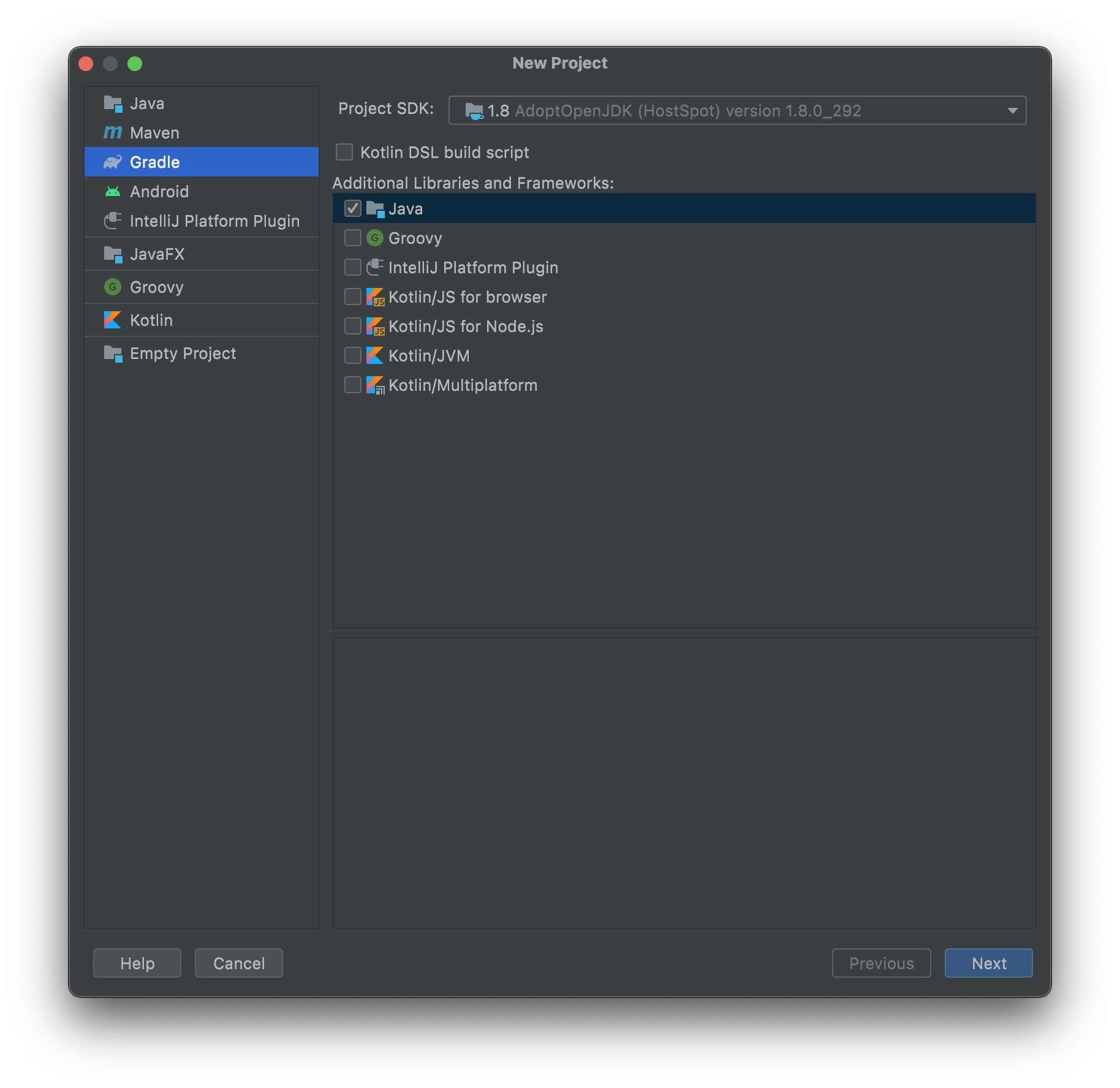 Screen capture of the IntelliJ new project wizard.